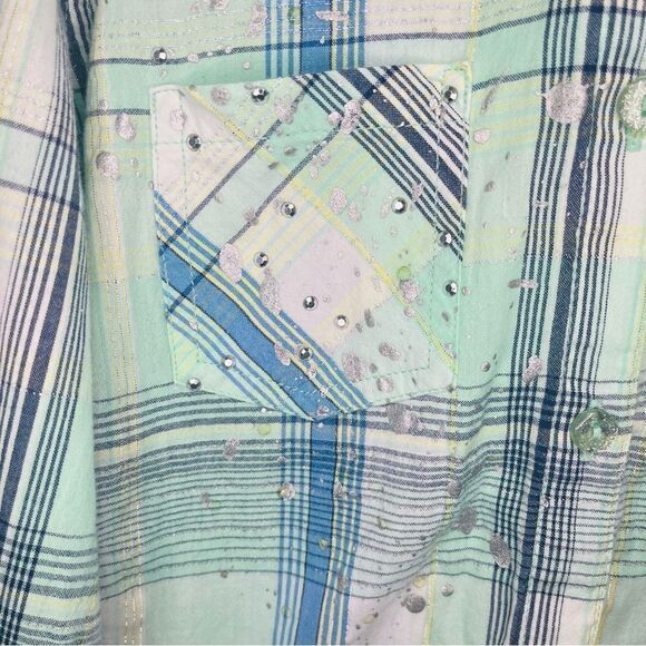 Justice Paint Splatter Silver Thread Plaid Button Down Shirt Green Blue 12 - Picture 3 of 9